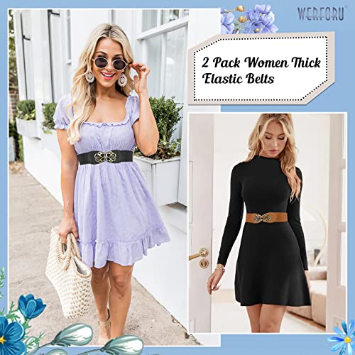 Werforu 2 Piece Women Elastic Stretchy Wide Belt For Dress Ladies Stretch Thick Waist Belt, Black+Brown, Fit Waist Size 28"-35" #TOP1