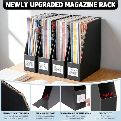 Stehsammler A4, 6 Stück Zeitschriftensammler, Schreibtisch Organizer aus 5-lagigem Schwarzem Kraftpapier mit Stützplatte und Etiketten für Zeitschriftenaufbewahrung, Dokumente und Büroorganisation
