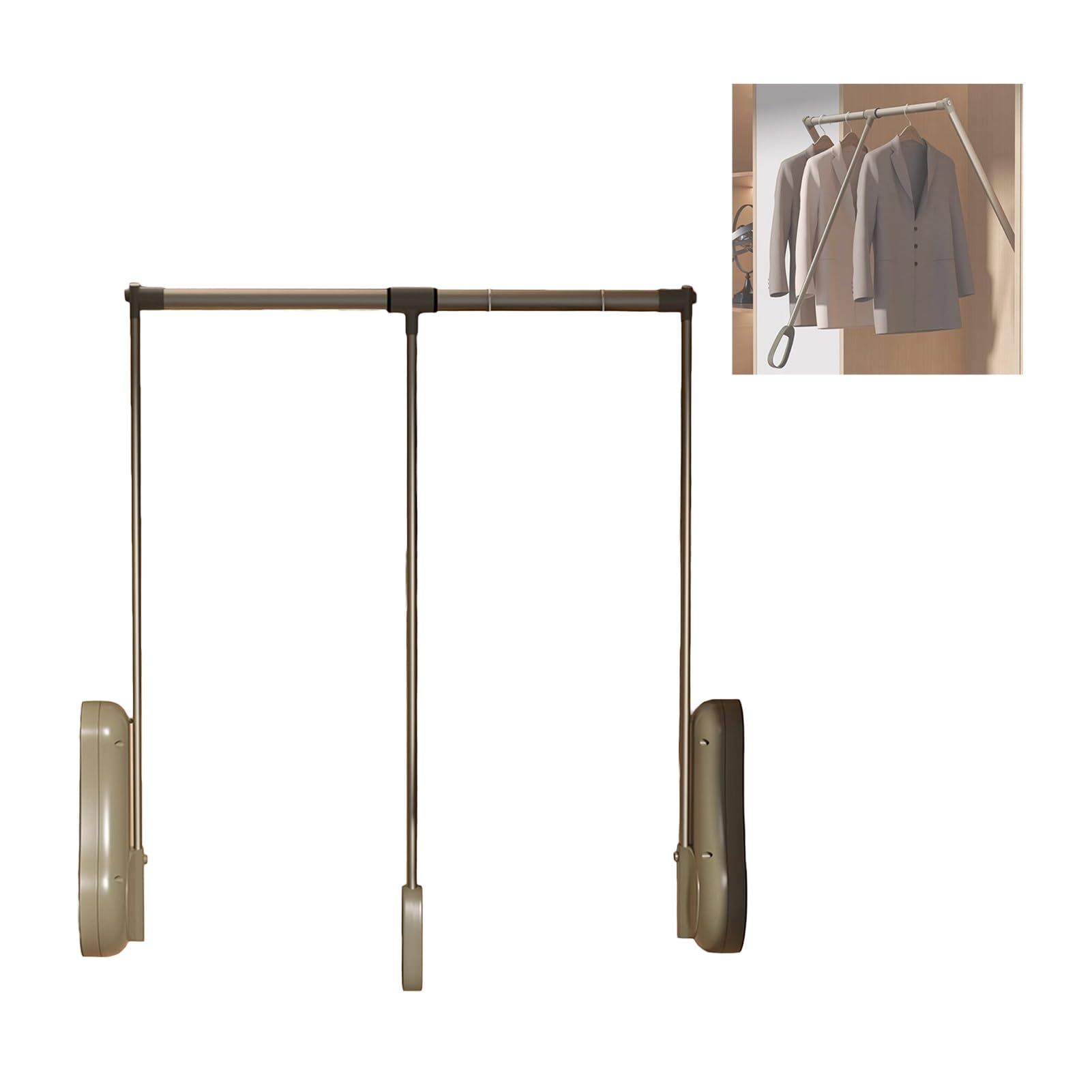 HTTGDGDH Pull Down Closet Rod With Pneumatic Buffer, Adjustable Wardrobe Rail Organizer For Hanging Clothes, Max Load 25Kg - Space-Saving Solution,Brown-510-650mm