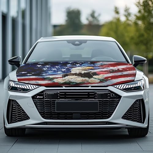 Image of Bald Eagle Flower USA Flag Car Hood Cover Protector 59x39 Inch Stretchable Auto Hood Wrap Blankets Waterproof Sun Proof Auto Patriotic Decorations for SUV Sedans Trucks