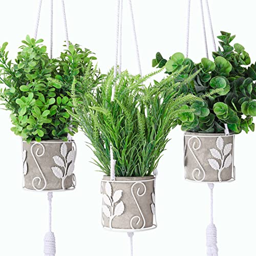 LEEYDESIGN Artificial Hanging Plants with 3 Pack Metal Hanging Basket, Green Faux Plastic Houseplants Rosemary for Indoor Home Office Bathroom Kitchen Table Decor (Green 3 Pack Metal Hanging Basket)