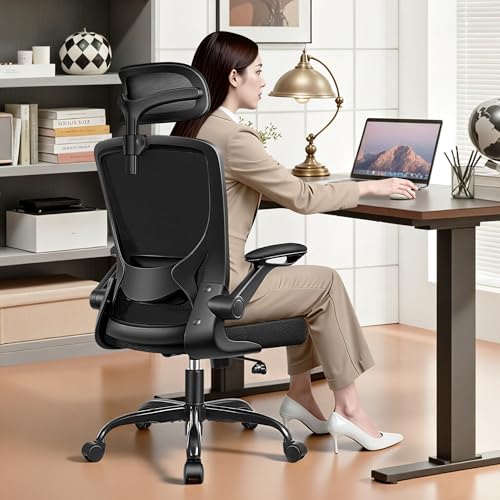 BESTFAIR Ergonomic Office Desk Chair Comfy, High Back Mesh Office Desk Chairs with Adjustable Lumbar Support, Headrest, Flip-up Armrests, Home Computer Chair for Gaming, Work, Black