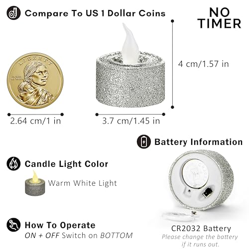 Image of FURORA LIGHTING Silver Glitter Flameless Tealights - 1.45 inch W x 1.57 inch H, 12-Pack, Batteries Included