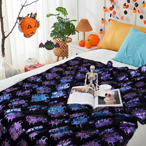Likiyol Halloween Blanket Skull Bat Halloween Throw Blanket, Black Flannel Bed Blankets Soft Warm Fuzzy Cozy Halloween Decorative Blanket For Bed,Sofa thumb #6