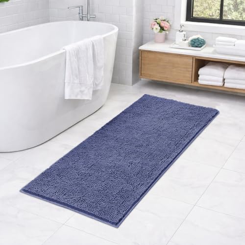 Image of LUXE HOME INTERNATIONAL Shaggy Chenille Bath Mat Extra Soft Super Absorbent Anti Skid Slip Popcorn Door Mats for Home Entrance, Bathroom, Bedroom, Kitchen, Floor Mat (60x120 cm Navy) Pack of 1