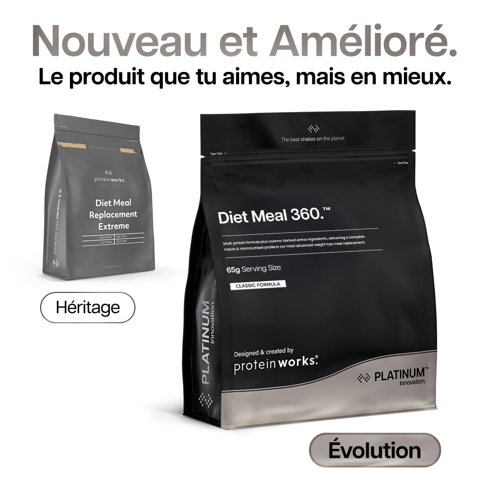 Protein Works | Diet Meal 360 – PLATINUM Innovation, Shake Repas Diététique, Soutient Perte de Poids, 26 Vitamines & Minéraux, Graines de Lin, Inuline, Oméga‑3, Fraise à la Crème, 16 Repas, 1kg