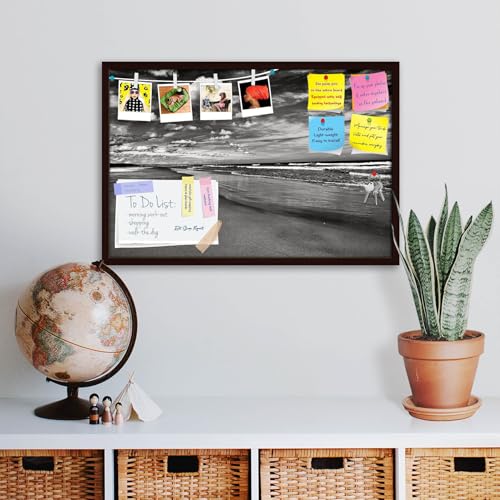 Image of ArtzFolio Sea, Air, & Land Monochrome Contrast | Bulletin Board Notice Pin Board | Vision Soft Board Combo with Thumb Push Pins & Sticky Notes | Dark Brown Frame | 18 x 12 inch (46 x 30 cms)