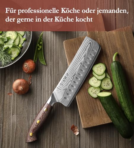 HEZHEN Damast Nakiri Messer, Japanischer Stil Hackbeil Messer, Hartstahl Mehrzweckmesser Asiatisches Kochmesser Zum Schneiden von Fleisch und Gemüse，Griff aus Micarta