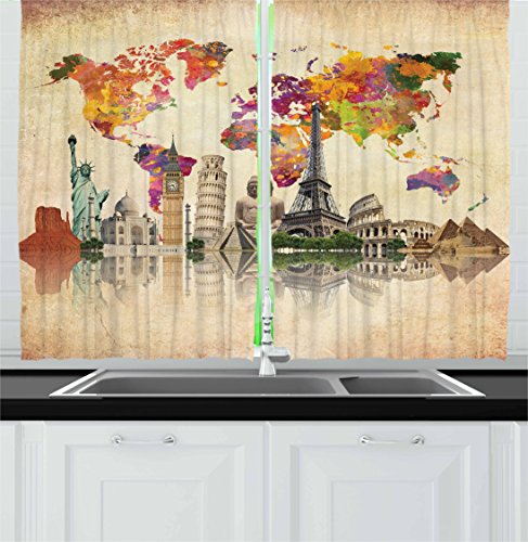 Ambesonne Travel Kitchen Curtains, Landmarks of The World 7 Wonders Europe Asia