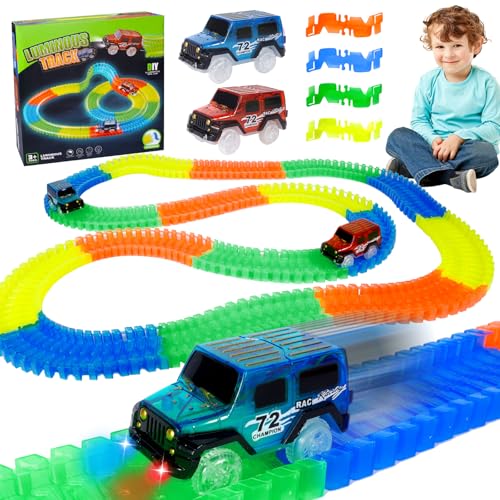 PQETBV Autorennbahn Rennbahn ab 3 Jahre - 240 Stück Leucht Autorennbahn mit 2 Auto Spielzeug Rennbahn, Kinderspielzeug Rennbahnen Geschenk für Kinder ab 3 Jahren