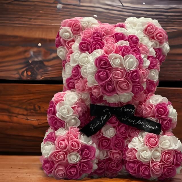 Large Rose Bear,16in Rose Teddy Bear, Handmade Fully Assembled Artificial Flower Roses,Gift for Women,Christmas, Valentines Day, Birthday, Anniversary - Clear Gift Box (White)