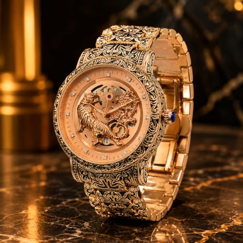 Buy Tiger Light Coffee Mechanical Skeleton Watch for Men Gold - Image 3