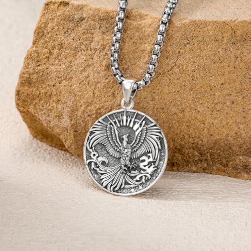 Phoenix Necklace 925 Sterling Silver Rising Phoenix Pendant Necklaces for Men Women, w/Stainless Steel Chain 22''+2''3