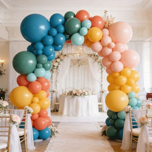 Image of Boho Rainbow Balloon Arch Kit,Retro Colorful Balloon Garland with Dusty Teal Blue Yellow Light Orange Balloons and Retro Orange Fog Blue Balloon for Easters Autumn Birthday Sunshine Party Decoration