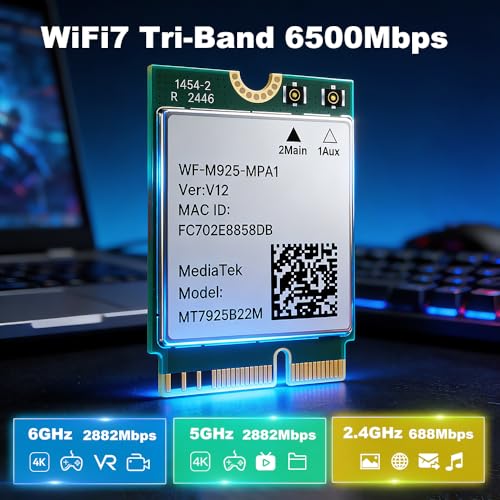 Tarjeta de Red Inalámbrica WiFi 7 MT7925 BE6500, M.2 2230, Bluetooth 5.4, Tri-banda 6G/5G/2.4GHz, 802.11be OFDMA, Compatible con Intel y AMD, Windows 11/10 de 64 bits miniatura 3