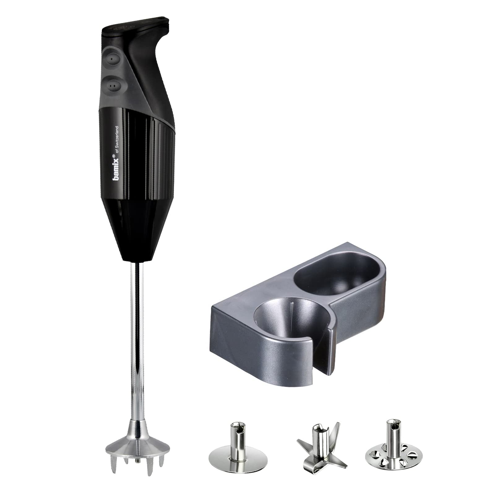 bamix Set frullatore a immersione G200 GASTRO PRO-2 incl. lama multiuso, frusta e disco fisso, supporto, 200 watt, 2 velocità, acciaio inox, Made in Switzerland, nero