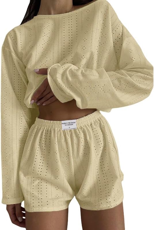 Pyjama en dentelle creuse pour femme ensemble 2 pièces t-shirt et short jaune