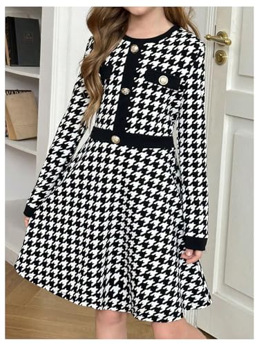 SweatyRocks Girl's Houndstooth Print A Line Dress Crewneck Long Sleeve Button Front Short Dresses3