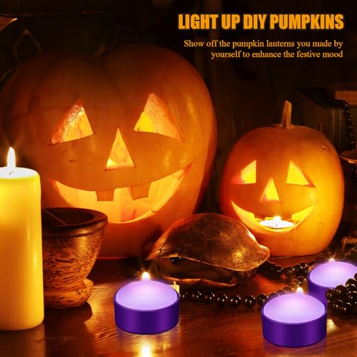 Image of Riakrum 6 Pieces Halloween Remote Timer LED Lights with Remote Summer Halloween LED Pumpkin Lights Battery Operated Lantern Bright Flameless Candle(Purple,Purple Light)