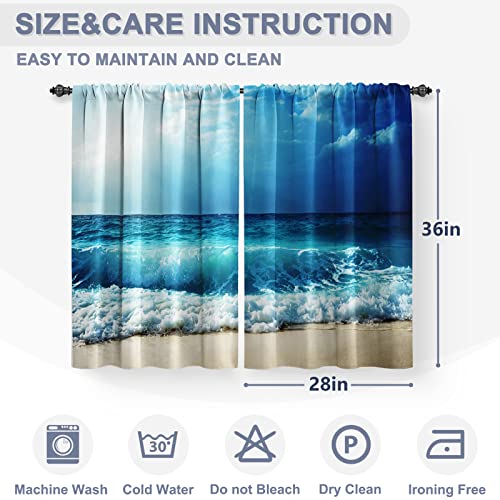 Jekeno Ocean Beach Kitchen Curtains - Blue Ocean Tropical Hawaiian Summer Sea Waves Scenery Print Decor Home Bedroom Living Room Rod Pocket Window Drapes 2 Panels Set, 56"x36"