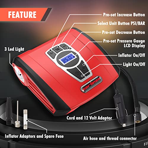 Image of CARTMAN Tire Inflator Portable Air Compressor, Auto Air Pump for Car /Bike with Digital Pressure Gauge & LED Light, Red