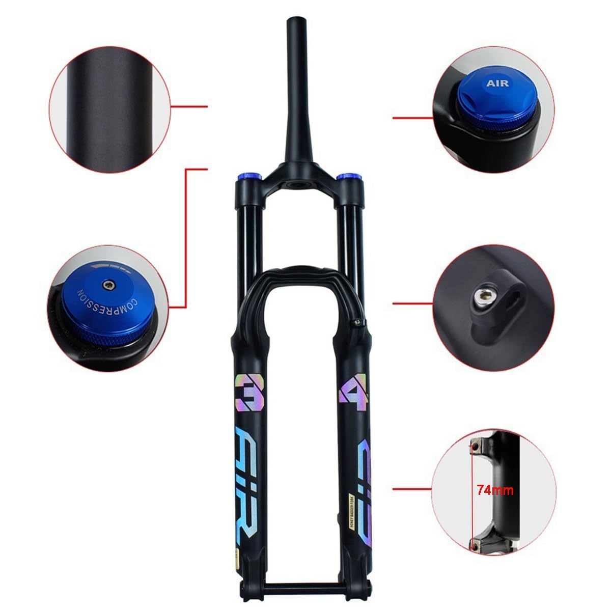 Forcella Anteriore ad Aria per Mountain Bike da 27,5 e 29 Pollici, Escursione 140 mm, Perno Passante 15×100, Tubo Conico da 1-1/2'' con smorzamento Regolabile.