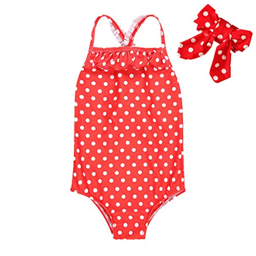 milkcha Toddler Swimsuit Girl,Toddler Baby Kids Girls Strap Ruched Dot Swimsuit Swimwear Romper Hairband Set