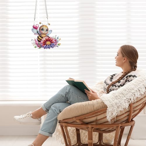 Image of AiYuanzsh Diamond Art Hanging Kits for Adults, Bee Flower Special Shaped Crystal Diamond Painting Acrylic Ornament, DIY Diamond Art Window Suncatcher Pendant for Home Wall Decor Gift