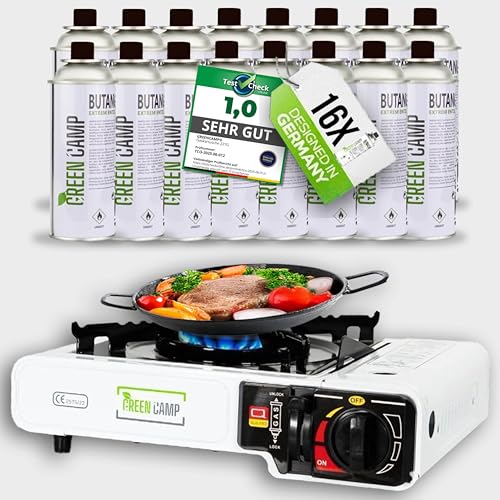 Green Camp ® Gaskocher mit 16 Kartuschen 227 g - Campingkocher mit...