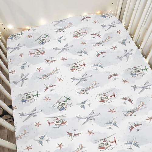 Image of Vintage Planes Airplanes Helicopters Baby Crib Sheets Boy Girl 28 inchx52 inch Plane Stars Clouds Sky Soft Stretchy Fitted Crib Mattress Cover Baby Sheet for Standard Crib & Toddler Mattress Pad