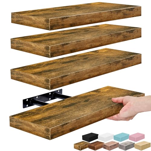 Sorbus Floating Shelves for Wall, Bathroom Shelves Wall Mounted for Kitchen, Bedroom, Living Room, Bathroom Storage, Over Toilet, Hanging Book Shelf for Wall Home Decor (Rustic Brown, 4 Pack)