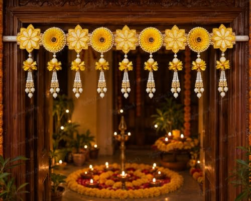 Image of Hegienes Decor's Yellow Flower Toran for Door Entrance, 38.5 Inch Decorative Bandarwal with Pearl Beads and Hanging Latkan, Handmade Floral Door Hanging for Home, Mandir, Pooja, Decoration