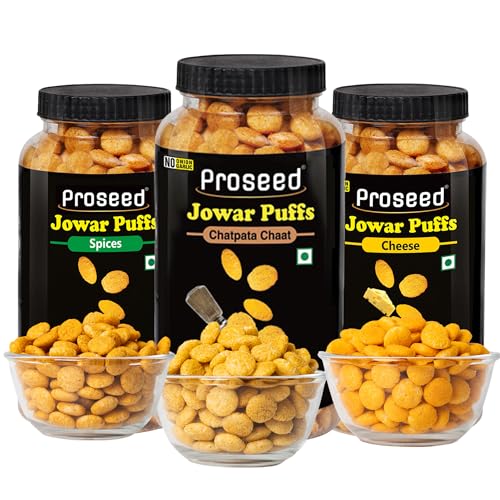 Image of Proseed Jowar Puffs (Spices, Cheese & Chatpata Chaat) | 150g x 3 Packs (Total 450g) | Slow Roasted & 100% Veg | No Refined Flour, Sugar & Trans-Fat | Gluten Free | No Palm Oil | Healthy Millet Snacks