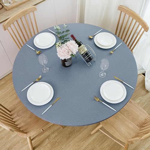 NLMUVW Round Fitted Vinyl Tablecloth with Elastic Edge 100% Waterproof Oil Proof PVC Table Cloth Wipe Clean Table Cover for Indoor and Outdoor, Denim Blue, 40
