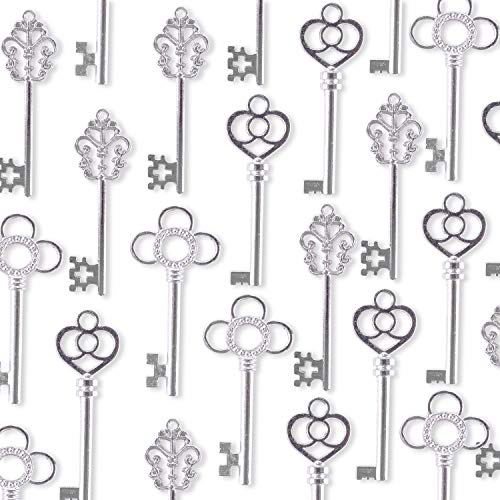 Super Z Outlet Antique Style Bronze Brass Skeleton Castle Dungeon Pirate Keys for Birthday Party Favors, Mini Treasure Gifts, Medieval Middle Ages Theme (30 Pieces) (Silver)