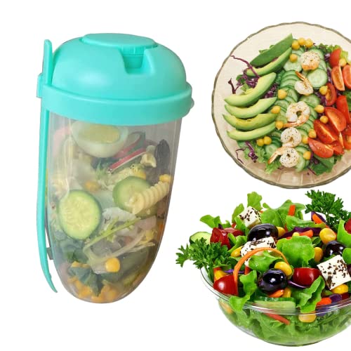 Keep Fit Salad Meal Shaker Cup with Fork and Salad Dressing Holder, Fresh Salad to Go Container Set, Portable Fruit and Vegetable Salad Cups Container (Green)