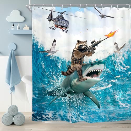Image of Funny Raccoon Riding Shark Shower Curtain Ocean Waves 60Wx72H Inch Decor