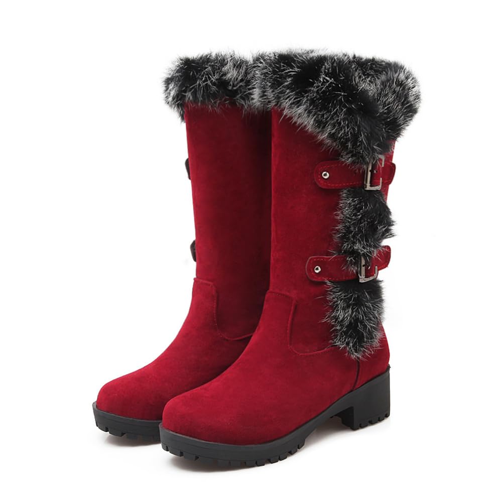 Womens Faux Fur Trimmed Mid-Calf Boots Round Toe Block Heels With Buckle Decor Durable Suede Upper Comfortable Slip-On
