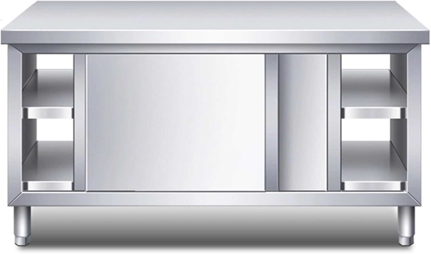 Stainless Steel Double Sliding Door Workbench Kitchen Work Table with Smoothly Hemmed Edges Reinforced Thickened Bottom Support Ribs Non-Derailment Track Adjustable Feet Commercial Storage Cabinet