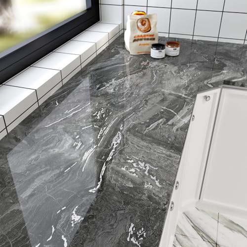 Image of HotDecor Grey Marble Wallpaper Self Adhesive Silver Grey Marble Vinyl Wrap for Kitchen Worktop Cupboards Sticky Back Plastic Roll Gloss Worktop Vinyl Covering Washable Living Wallpaper 40cm X 200cm