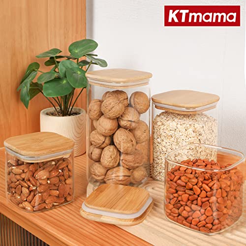 Image of Glass Square Food Storage Container With Airtight Bamboo Lid, Set of 6 Stackable Kitchen Pantry Clear Canisters For Cookie, Candy, Sugar, Coffee Bean, Pasta, Nuts (22oz /37oz /50oz)