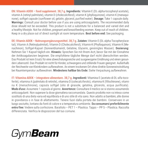 GymBeam Vitamin ADEK (Kapseln) - mit fettlöslichen Vitaminen (A, D, E, K), unterstützt Immunsystem, gesunde Knochen, Haut und Schleimhäute, Eisenstoffwechsel, Sehkraft und Muskelfunktion, 90 caps