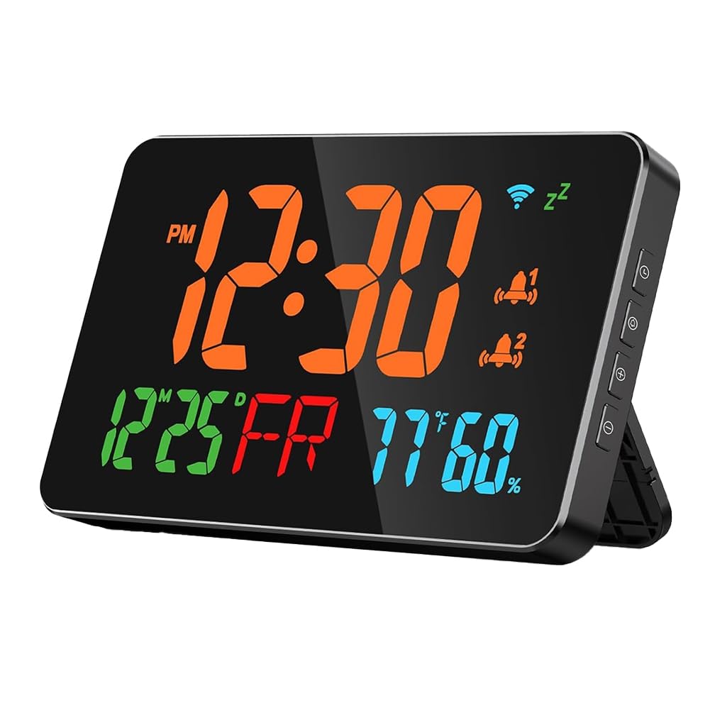 Peowuieu Digital Clock Alarm Clock WiFi Clock, Extra Large Letters, Temperature & Humidity, Calendar, Week,B