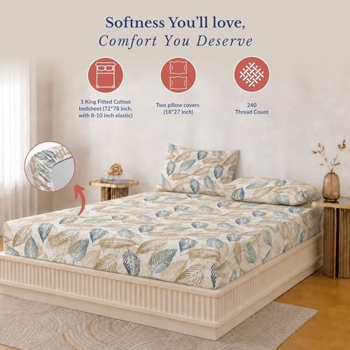 Image of Jaipur Weaves King Size Elastic Fitted Bedsheet, 100% Pure Cotton King Size Fitted Bedsheet for Double Bed with 2 Pillow Covers, 240 TC, 72x78 Inches up to 8-inch Mattress, Leafy (Grey Olive)