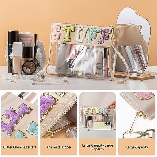 Chenille Letter Clear Bag, Chenille Letter Stuff Pouch Varsity Letter Bag Nylon Clear Cosmetic Bag Clear Zipper Pouches Clear Makeup Bags Clear Travel Bags Clear Tote Bags for Women Girls (Off-white) - Image 4