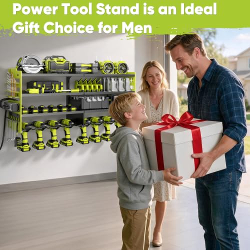 Image of POKIPO Upgrade Power Tool Organizer Wall Mount with Charging Station,4 Layer Heavy Duty Metal Storage Rack Loads 600lbs with 8 Cordless Drill Holder,4 Outlet Power Strip Battery Utility Rack for Man