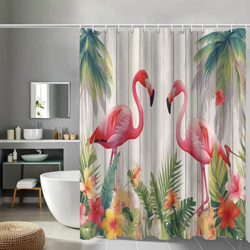 Rideau de douche flamant rose fleurs tropicales en polyester - 2