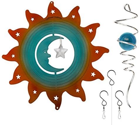 Metal Wind Spinner - MoonBlue - Mesmerizing 3D Hanging Spinner with Helix Spiral Tail and Glass Ball - All Swivels and Hooks are Included - Kinetic Whirligig Garden Sculpture for Patio Deck or Yard
