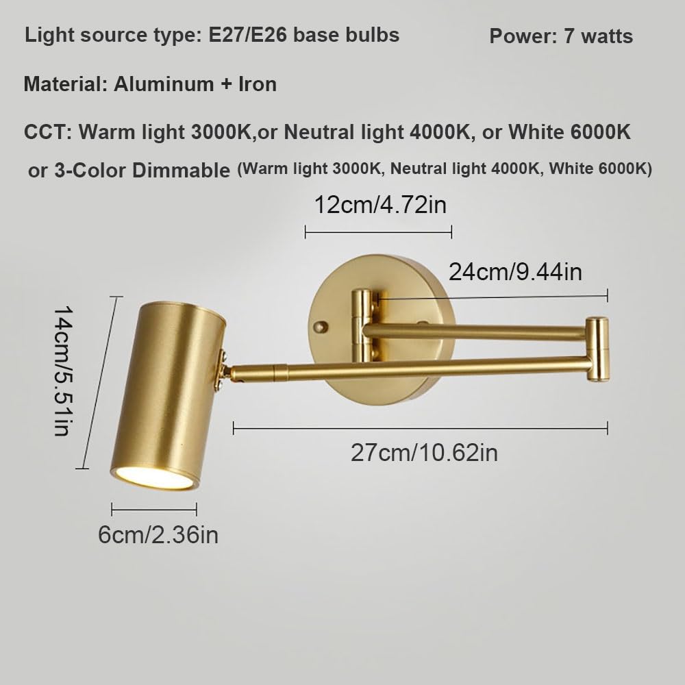 Lampy Ścienna Nowoczesna z Ramieniem LED, Kinkiet Regulowany Oświetlenie Ścienne Czytania Cylindryczne do Sypialni Salon Biuro E26(Gold,3 modes)