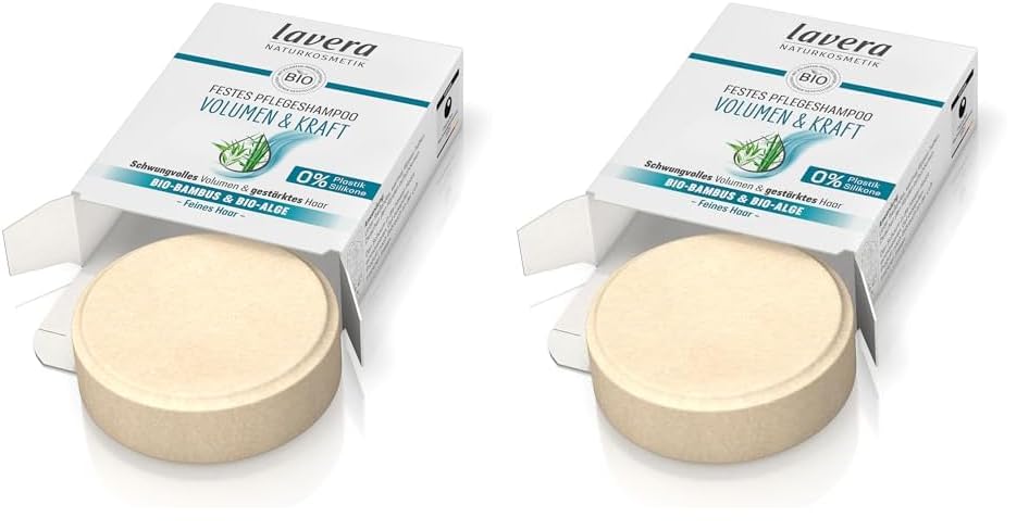 lavera, Festes Pflegeshampoo Volumen Kraft Shampoo ohne Silikone zertifizierte Naturkosmetik mehr Volumen und Stärke leichte Kämmberkeit 50 g, Weiß, frisch (Packung mit 2)